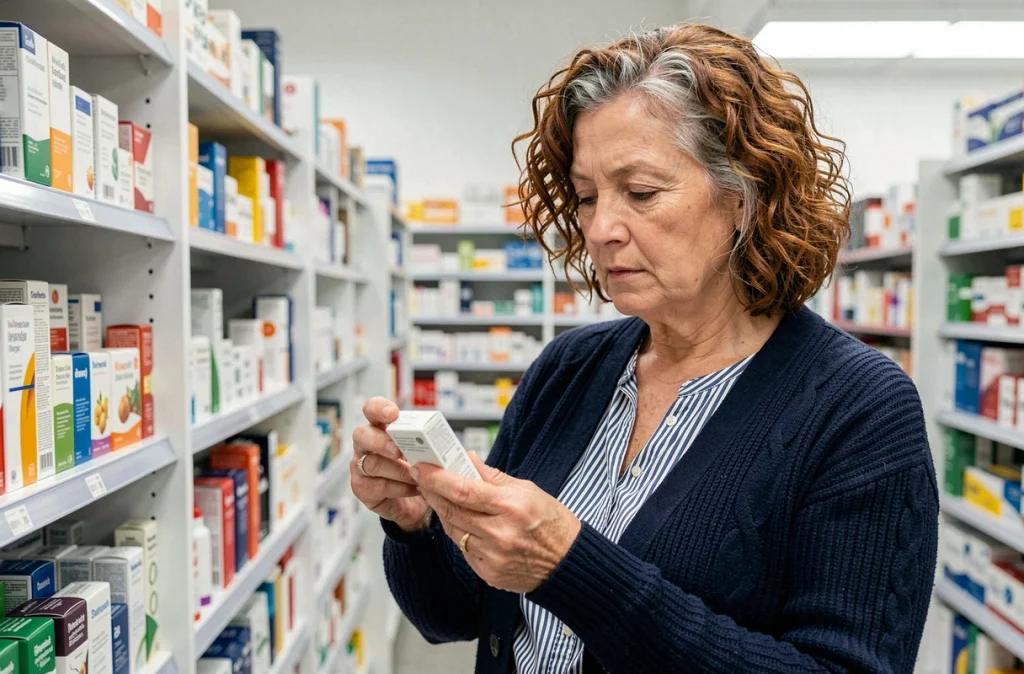 Femme ménopausée lisant l'étiquette d'un produit en pharmacie pour soulager l'inconfort intime, illustrant les nouvelles solutions disponibles