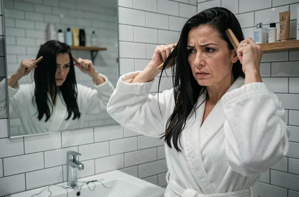 Femme observant sa chute de cheveux dans un miroir de salle de bain après une période de stress