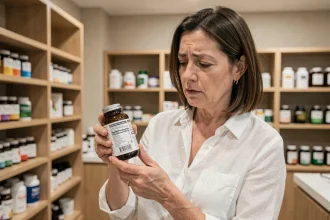 Femme lisant attentivement l'étiquette d'un complément alimentaire au silicium organique G5 en pharmacie