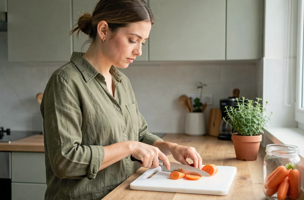 Jeune femme préparant des carottes en tranches dans une cuisine moderne, illustrant l'intégration des carottes dans un régime pauvre en sucre