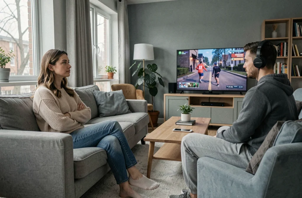 Femme pensive seule sur un canapé pendant que son partenaire joue aux jeux vidéo, représentation de l'immaturité émotionnelle et du syndrome de Peter Pan en couple