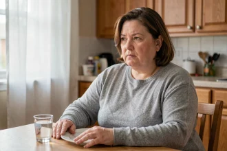 Femme en surpoids assise devant une assiette vide réfléchissant au jeûne et à ses effets sur le corps