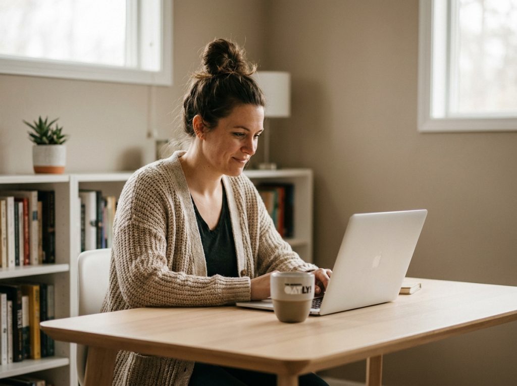Jeune femme professionnelle travaillant sur un ordinateur portable dans un bureau à domicile épuré, contexte de contenu sponsorisé