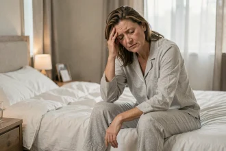 Femme assise sur le bord du lit tenant sa tempe, exprimant des vertiges et une sensation de malaise au réveil