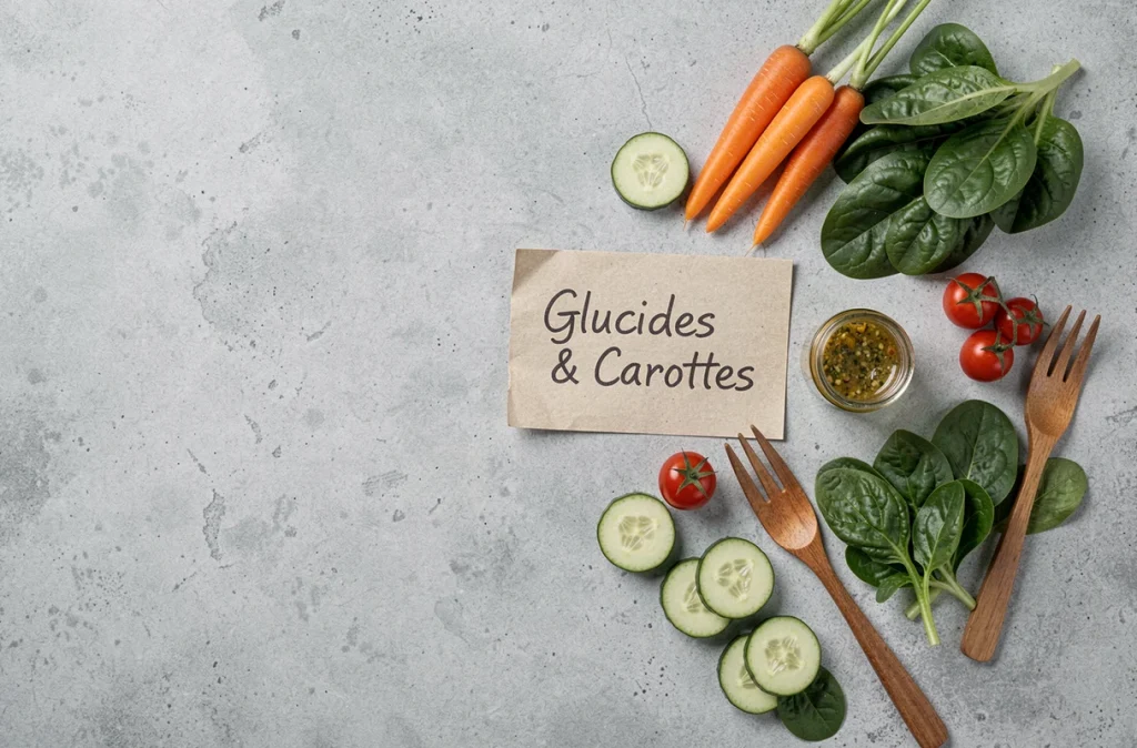 Composition à plat de légumes dont des carottes sur surface en béton avec une fiche glucides, idéale pour illustrer un article sur les sucres des carottes