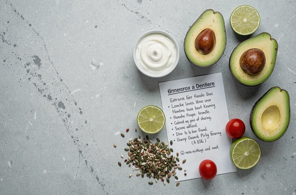 Flat-lay d'ingrédients sains autour de l'avocat avec une fiche de calories manuscrite, pour illustrer une recette équilibrée
