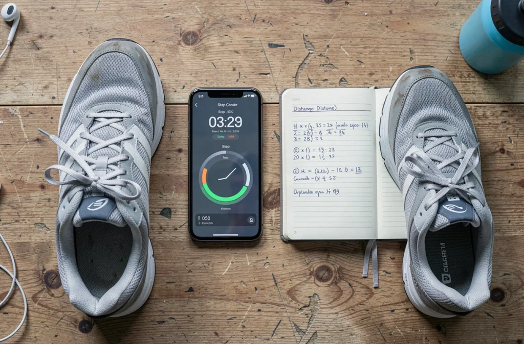 Vue de dessus d'un bureau en bois avec un smartphone affichant un compteur de pas en kilomètres, des chaussures de marche et un carnet de calculs de distance pour convertir les pas en km
