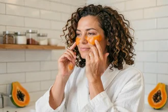 Femme appliquant un gommage maison à la papaye sur son visage dans une salle de bain naturelle et lumineuse