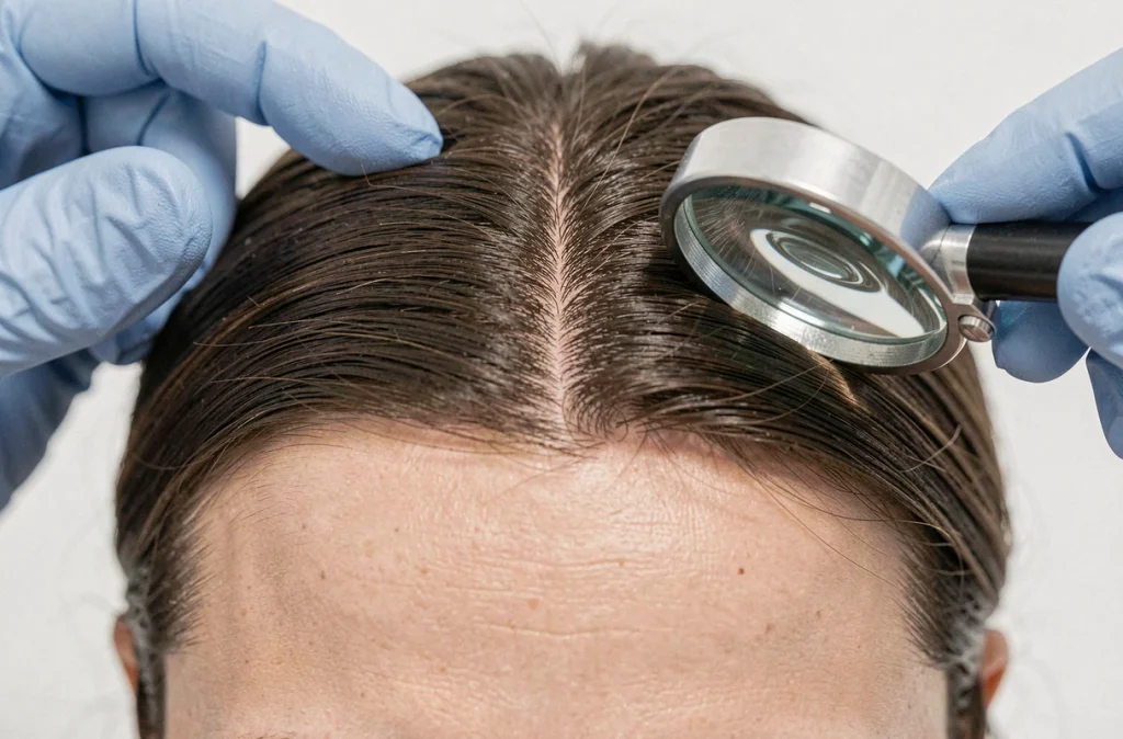 Gros plan sur le cuir chevelu d'une femme examiné par une dermatologue pour diagnostiquer une alopécie due au stress