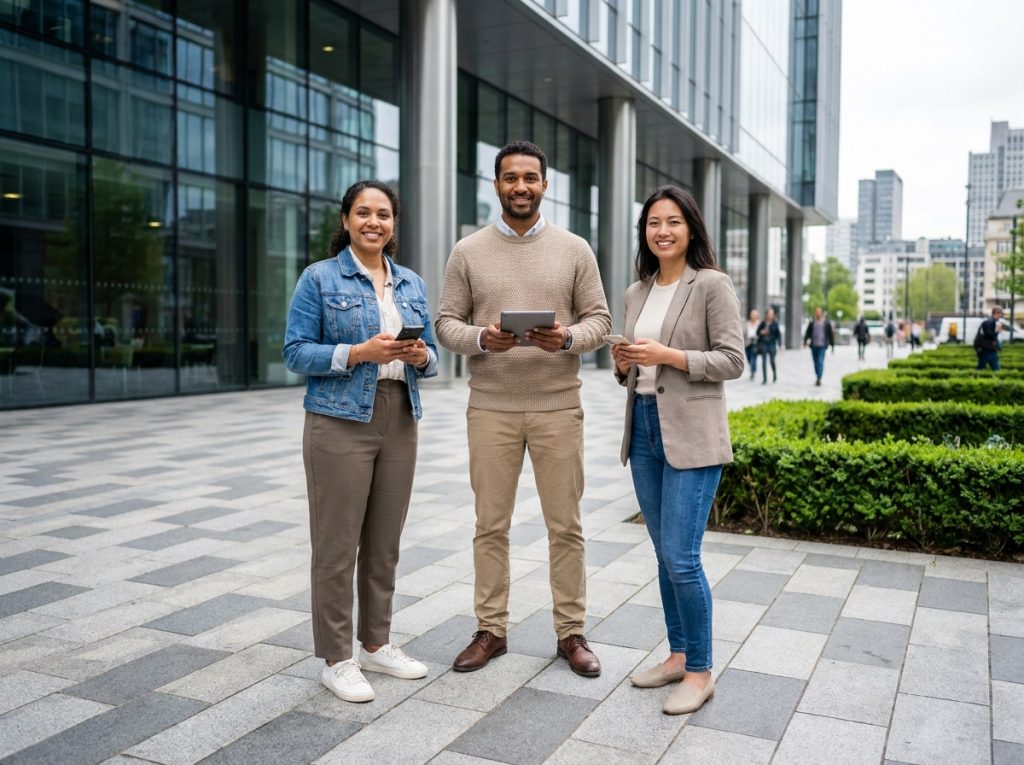 Groupe diversifié de professionnels devant un bâtiment commercial moderne tenant des appareils numériques, illustrant un partenariat sponsorisé