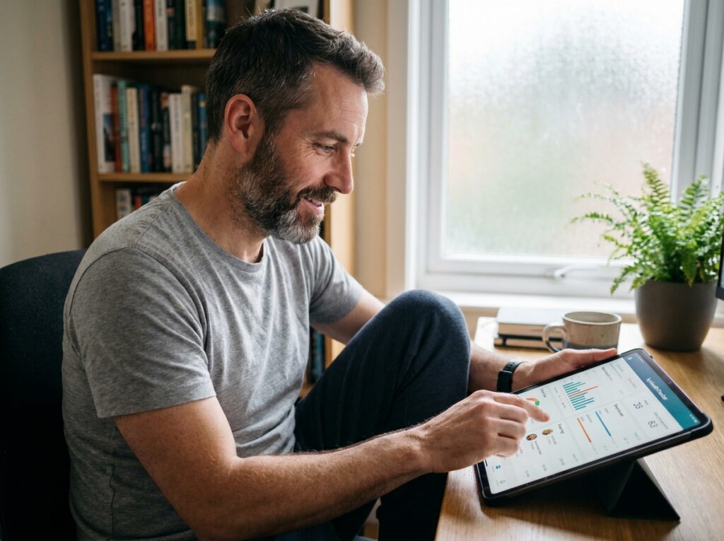 Homme utilisant une application de suivi nutritionnel sur tablette dans un bureau à domicile dans le cadre d'un programme minceur technologique