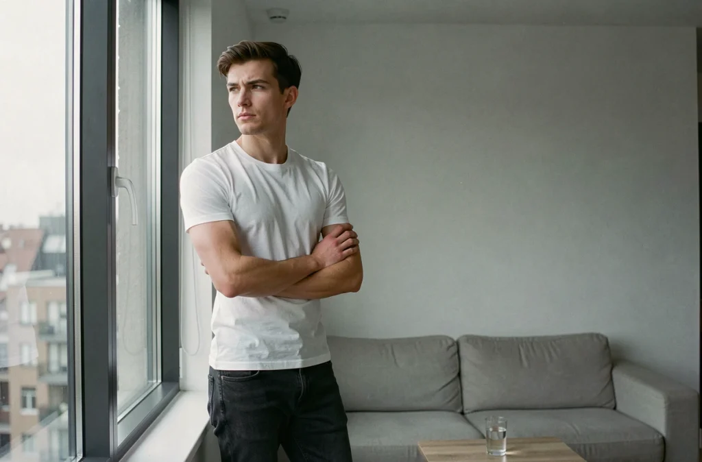 Jeune homme mince debout près d'une fenêtre dans un appartement minimaliste illustrant le jeûne chez les personnes très minces