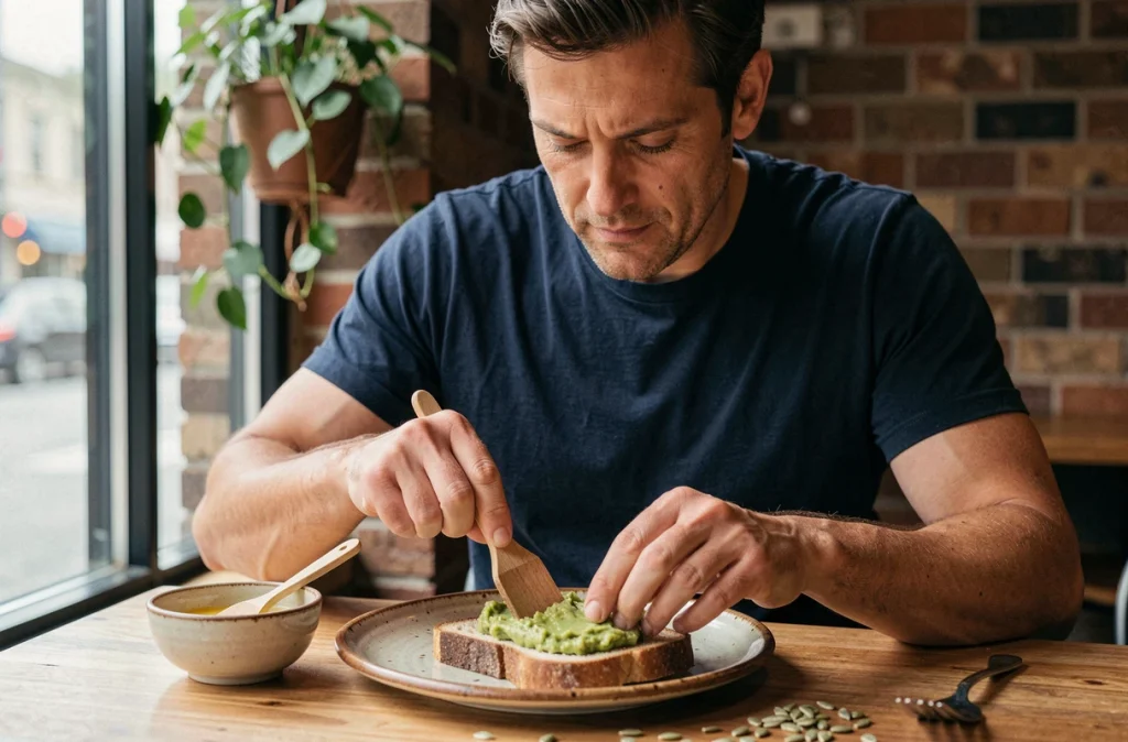 Homme préparant un toast à l'avocat dans un café urbain, illustrant une recette gourmande et équilibrée en calories