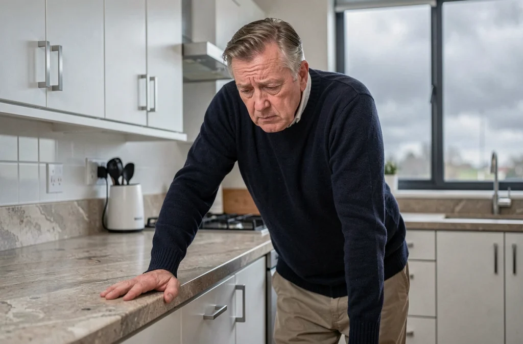Homme âgé s'appuyant sur le plan de travail de sa cuisine, ressentant des tremblements et des étourdissements