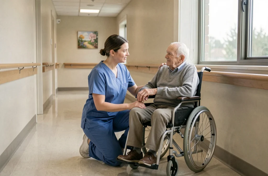 Infirmier en gériatrie accompagnant un patient âgé atteint d'Alzheimer en fauteuil roulant dans un couloir d'unité de soins