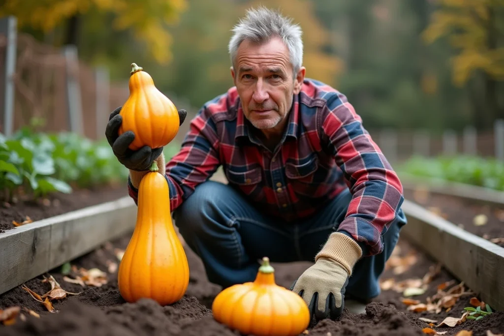 Jardinier accroupi dans un potager tenant une courge amère difforme comparée à une courge saine posée sur le sol en automne