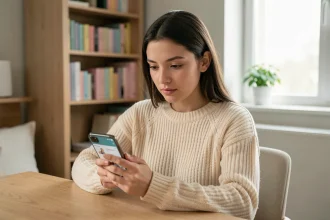 Jeune femme consultant une application de santé médicale sur son smartphone dans une chambre moderne et apaisante