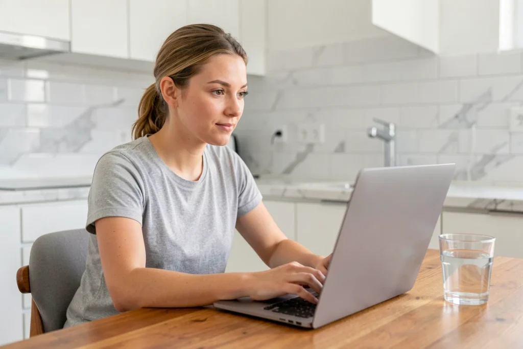 Jeune femme en téléconsultation médicale sur ordinateur portable depuis son appartement