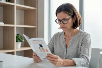 Femme examinant une brochure marketing du produit Lymphea avis 2026 avec une expression dubitative dans un bureau moderne