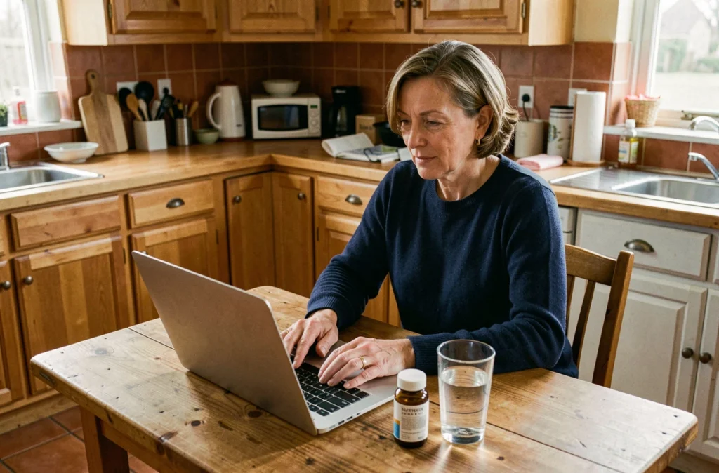 Femme rédigeant un témoignage en ligne sur Lymphea 2026 à sa table de cuisine avec un flacon de complément alimentaire