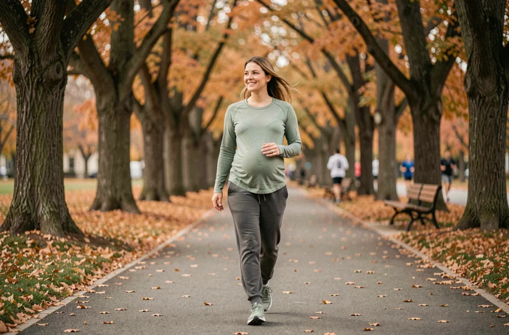 Femme enceinte marchant dans un parc en automne lors d'une séance d'activité physique adaptée