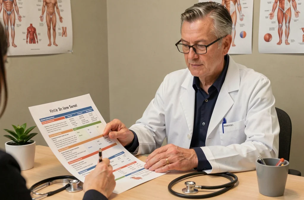 Médecin expliquant les effets du jeûne prolongé sur le corps à travers un tableau nutritionnel lors d'une consultation médicale