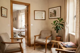 Salle d'attente d'un cabinet d'ostéopathie en Mayenne, ambiance chaleureuse avec table de traitement visible en arrière-plan