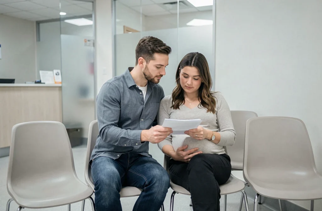 Un partenaire accompagnant sa compagne enceinte lors d'un rendez-vous médical dans une salle d'attente de clinique moderne