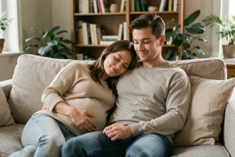 Couple attendant un bébé assis ensemble sur un canapé, le partenaire posant tendrement la main sur le ventre rond de la femme enceinte
