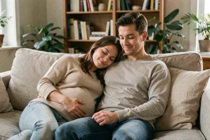 Couple attendant un bébé assis ensemble sur un canapé, le partenaire posant tendrement la main sur le ventre rond de la femme enceinte