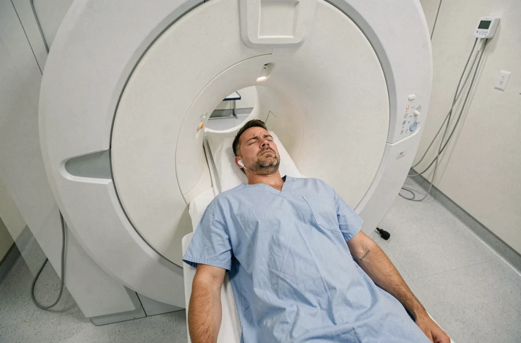Patient allongé dans un scanner IRM lors d'un examen cérébral pour diagnostiquer des hypersignaux et des céphalées