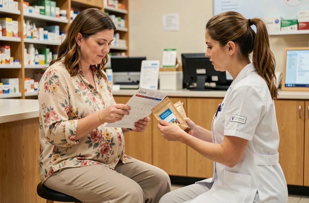 Femme enceinte consultant une pharmacienne sur son suivi prénatal et ses vitamines en pharmacie