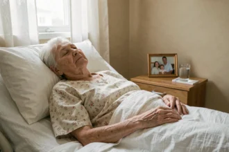Femme âgée en phase terminale d'Alzheimer allongée dans un lit de soins palliatifs, mains posées sur un drap blanc