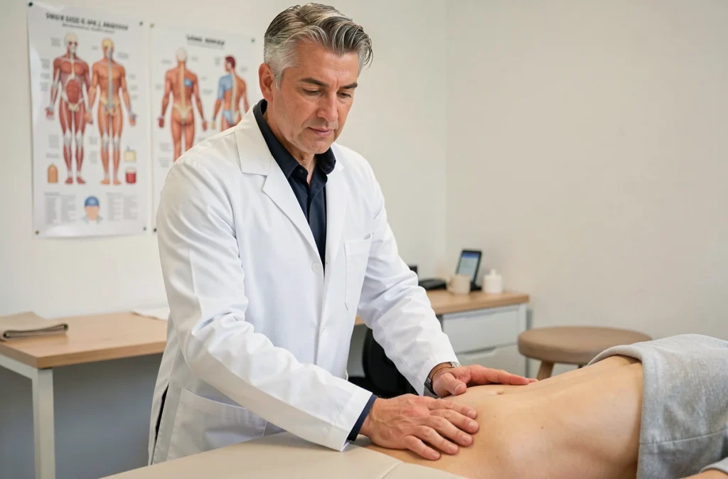 Pierre Gobe, ostéopathe à Laval, en train d'effectuer un bilan ostéopathique lombaire sur un patient allongé