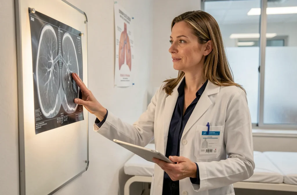 Pneumologue présentant les résultats d'un scanner thoracique montrant un épanchement pleural minime lors d'une consultation hospitalière