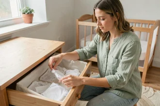 Jeune femme enceinte qui prépare la chambre de bébé en pliant des vêtements dans une commode en bois naturel