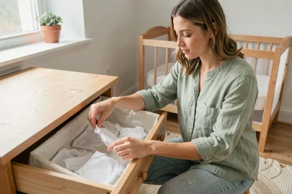 Jeune femme enceinte qui prépare la chambre de bébé en pliant des vêtements dans une commode en bois naturel
