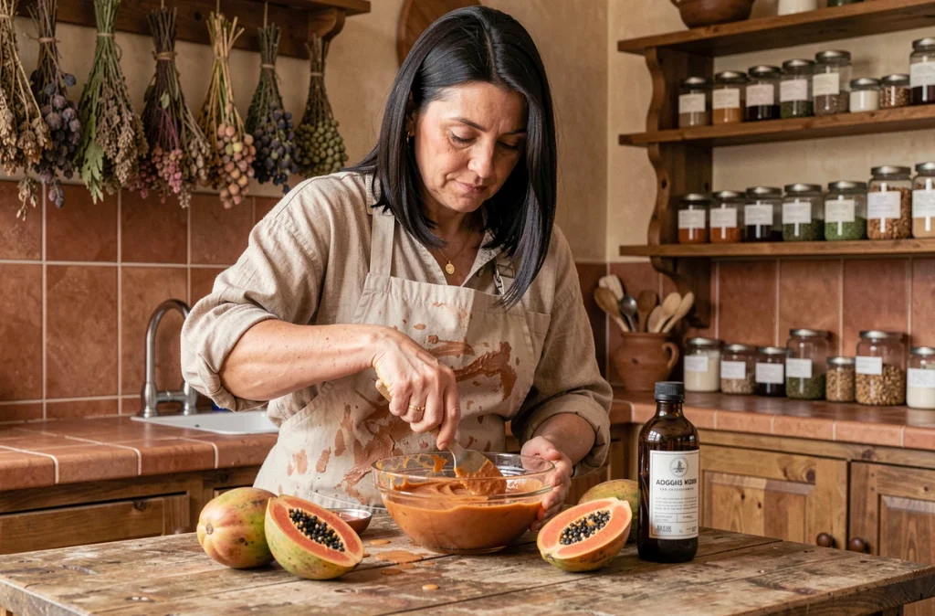 Femme préparant un soin capillaire artisanal à la papaye dans une cuisine rustique avec des ingrédients naturels