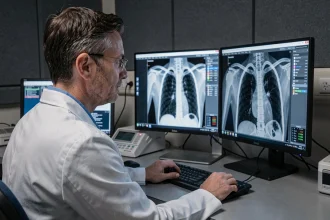 Radiologue analysant un scanner thoracique à la recherche d'un épanchement pleural minime dans une salle de lecture hospitalière