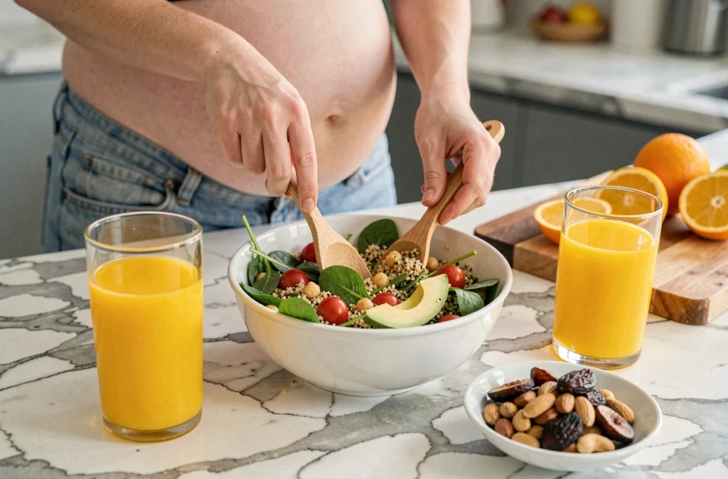 Préparation d'un repas sain et nutritif pour une grossesse équilibrée avec salade de quinoa et jus d'orange
