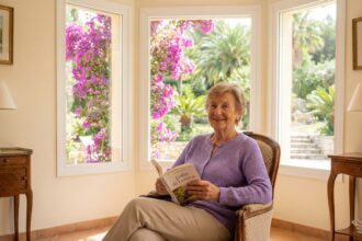 Résidente âgée souriante installée dans un fauteuil confortable près d'une fenêtre avec vue sur le jardin méditerranéen de la Villa de Rimiez à Nice