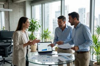 Équipe professionnelle en réunion autour d'une table en verre dans un bureau moderne, examinant des documents pour un article sponsorisé