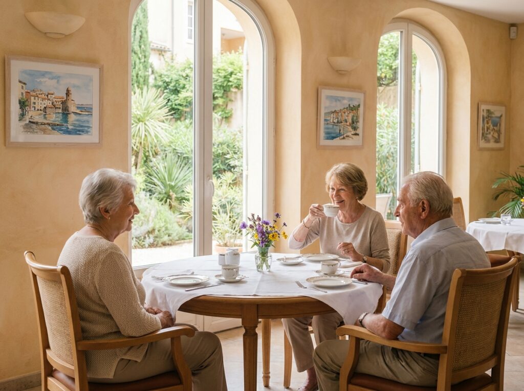 Salle à manger conviviale de la Villa de Rimiez à Nice, avec des résidents partageant un repas dans un cadre provençal élégant