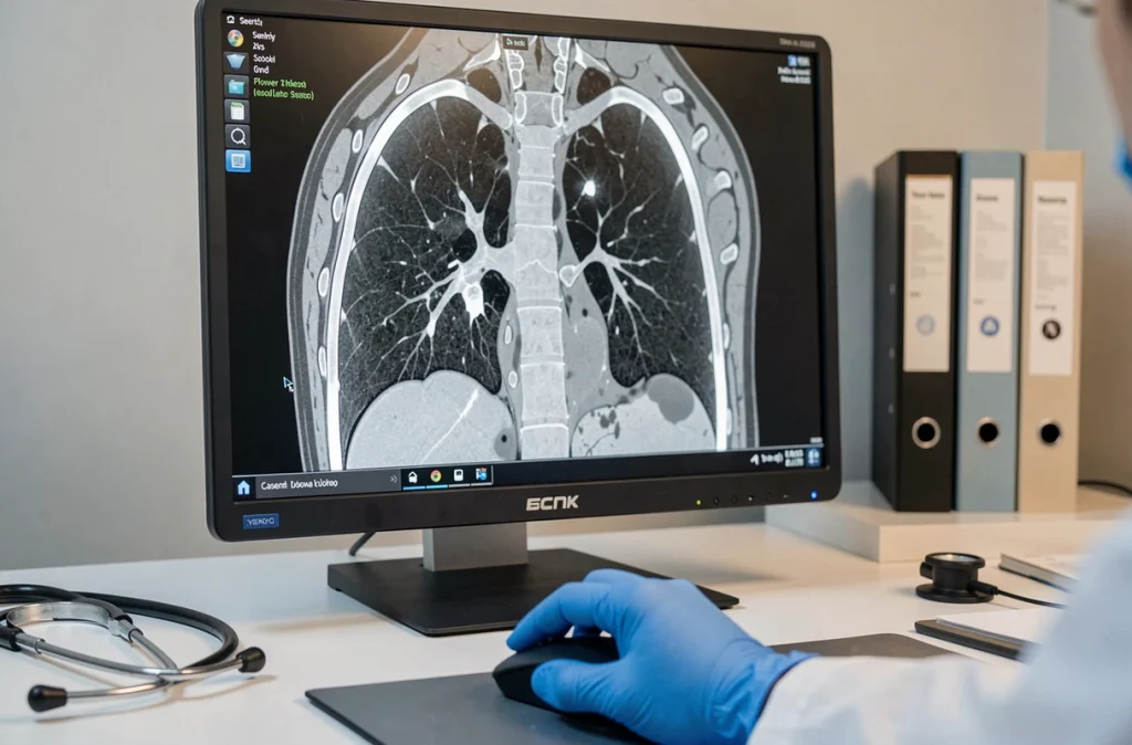 Gros plan sur un scanner thoracique montrant un cul-de-sac pleural avec épanchement minime visible à l'écran médical