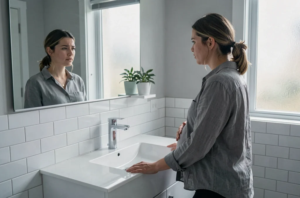 Femme enceinte au premier trimestre se regardant dans le miroir de la salle de bain avec une expression introspective
