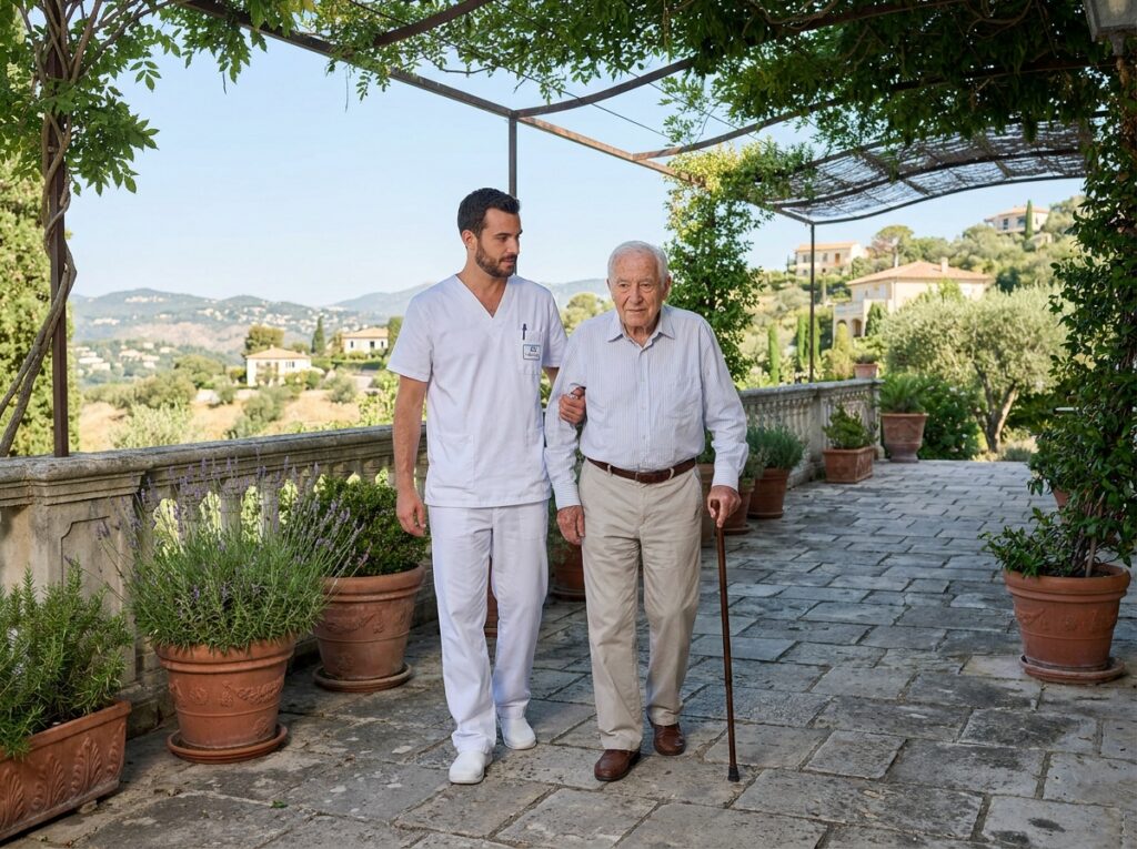 Soignant accompagnant un résident âgé sur la terrasse en pierre de la Villa de Rimiez, maison de retraite LNA Santé à Nice, avec vue sur les collines