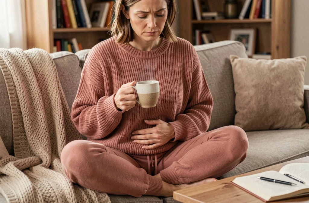 Femme au début de sa grossesse posant la main sur son ventre en buvant une tisane sur un canapé confortable