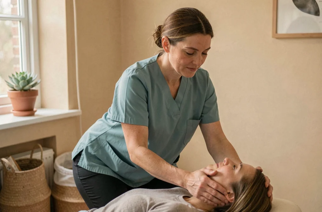 Virginie Boisramé, ostéopathe à Château-Gontier-sur-Mayenne, réalisant une technique crânienne douce sur une patiente allongée